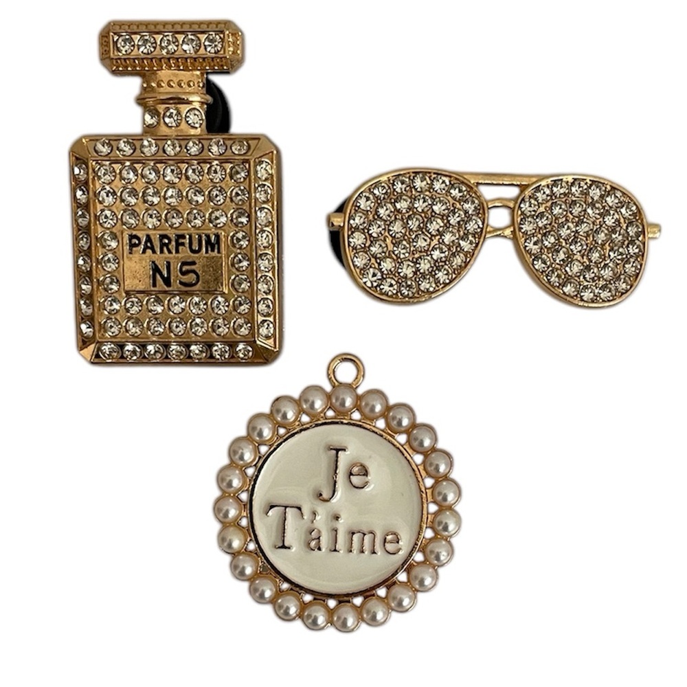 French Inspired Gold Tone & Rhinestones Croc Charms/Jibbitz (set of 3)